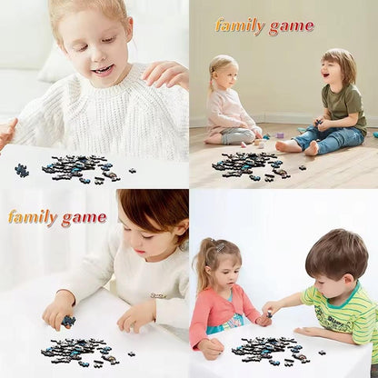 Collage of children playing with wooden jigsaw puzzle pieces during a family activity.
