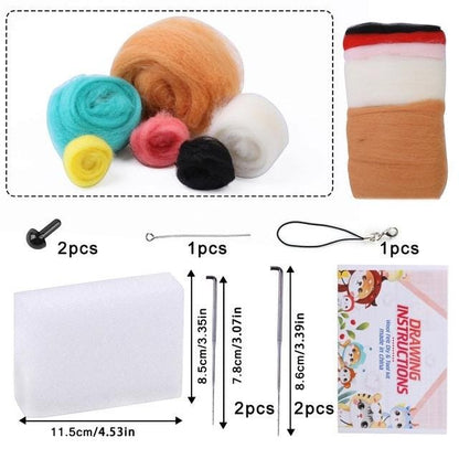 Akita needle felting kit contents chart with coloured wool bundles, felting needles, foam pad and instructions.
