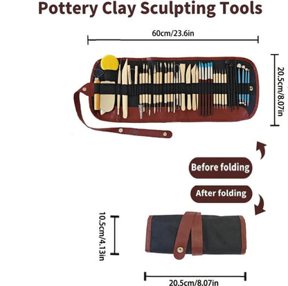 Pottery tool storage roll dimensions diagram showing the case opened flat and folded for carrying.