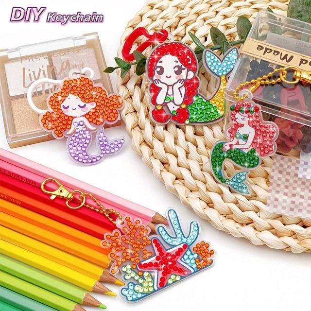 Mermaid Diamond Art Keychains DIY Kit - Handmade Craft Set for Kids - Sparkling Sea-Themed Keychain Toys