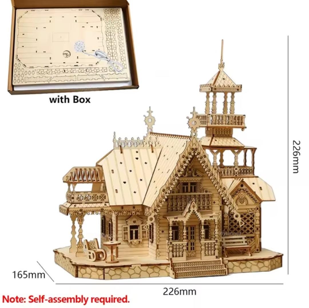Diy wooden house 3d puzzle with lights | perfect for adults & teens | desk decoration and gift