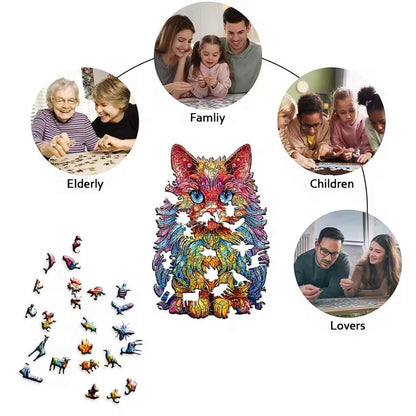 Persian cat wooden puzzle gift illustration showing children and adults assembling jigsaws.