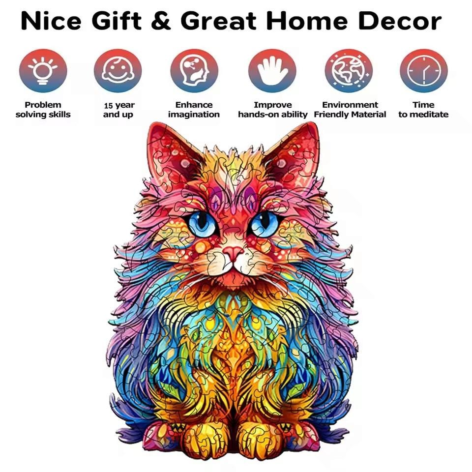 Persian Cat Wooden Puzzle | Unique Shaped Jigsaw | Brain Teaser Gift for Cat Lovers & Puzzle Fans