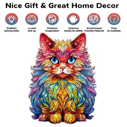 Multicoloured Persian cat wooden jigsaw puzzle with educational and gift feature icons.