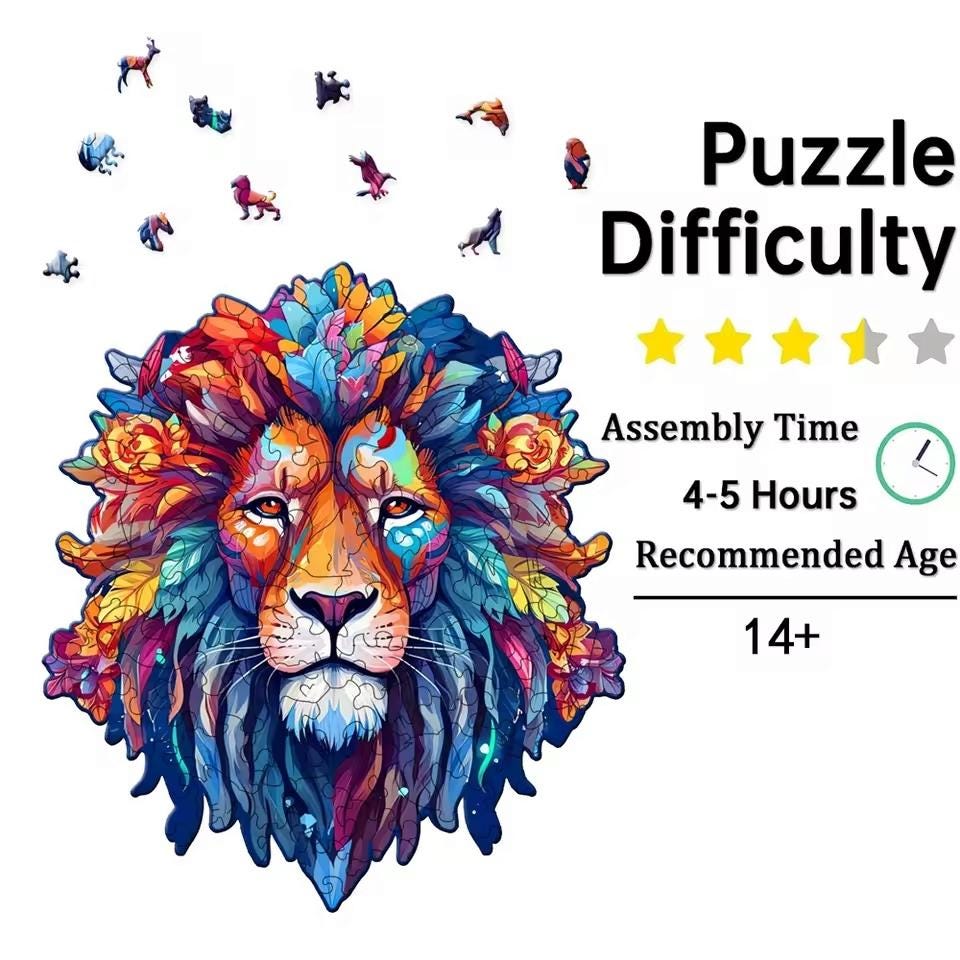 Majestic Lion Wooden Puzzle | Unique Shaped Jigsaw | Brain Teaser Gift for Cat Lovers & Puzzle Fans