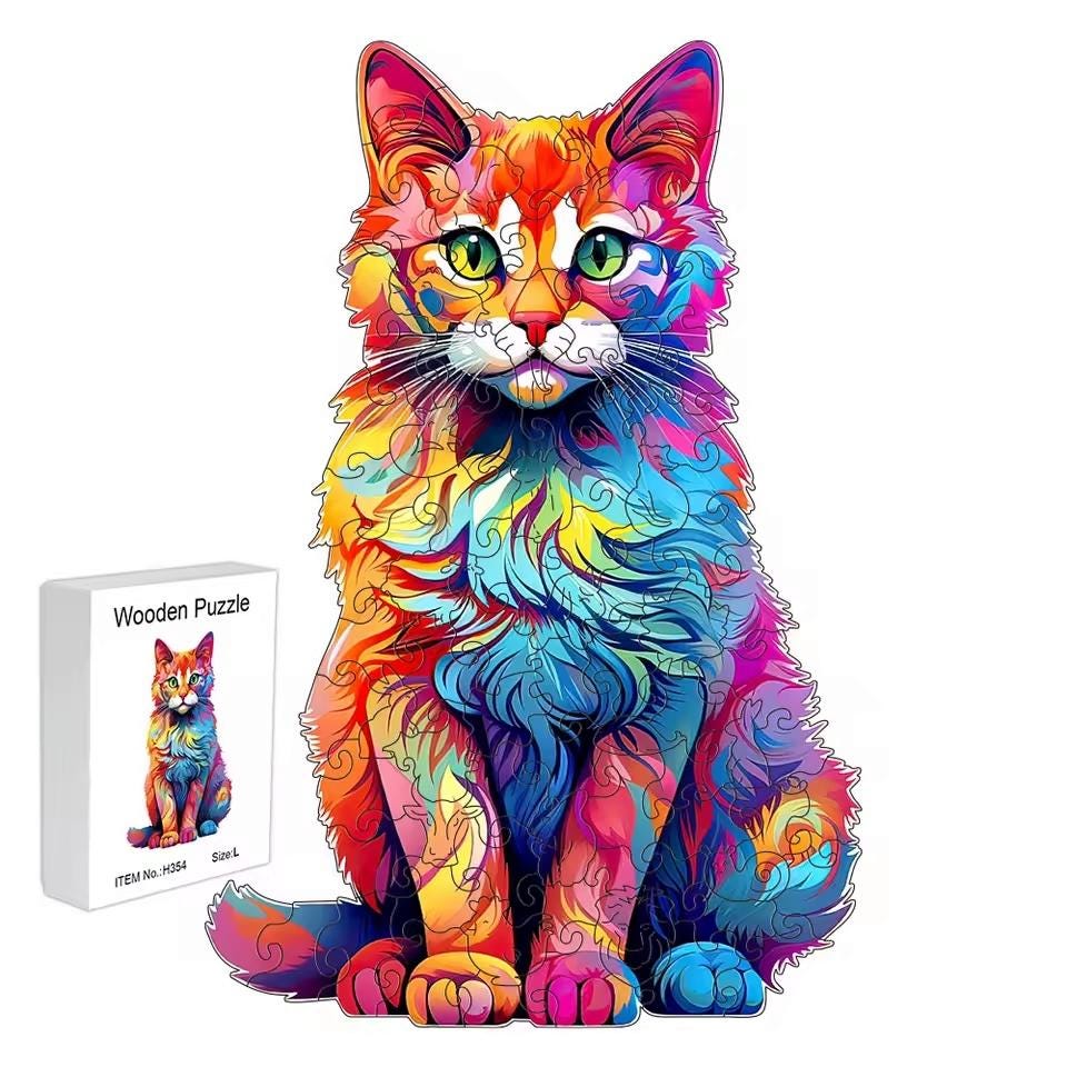 Cat Wooden Puzzle | Unique Shaped Jigsaw | Brain Teaser Gift for Cat Lovers & Puzzle Fans