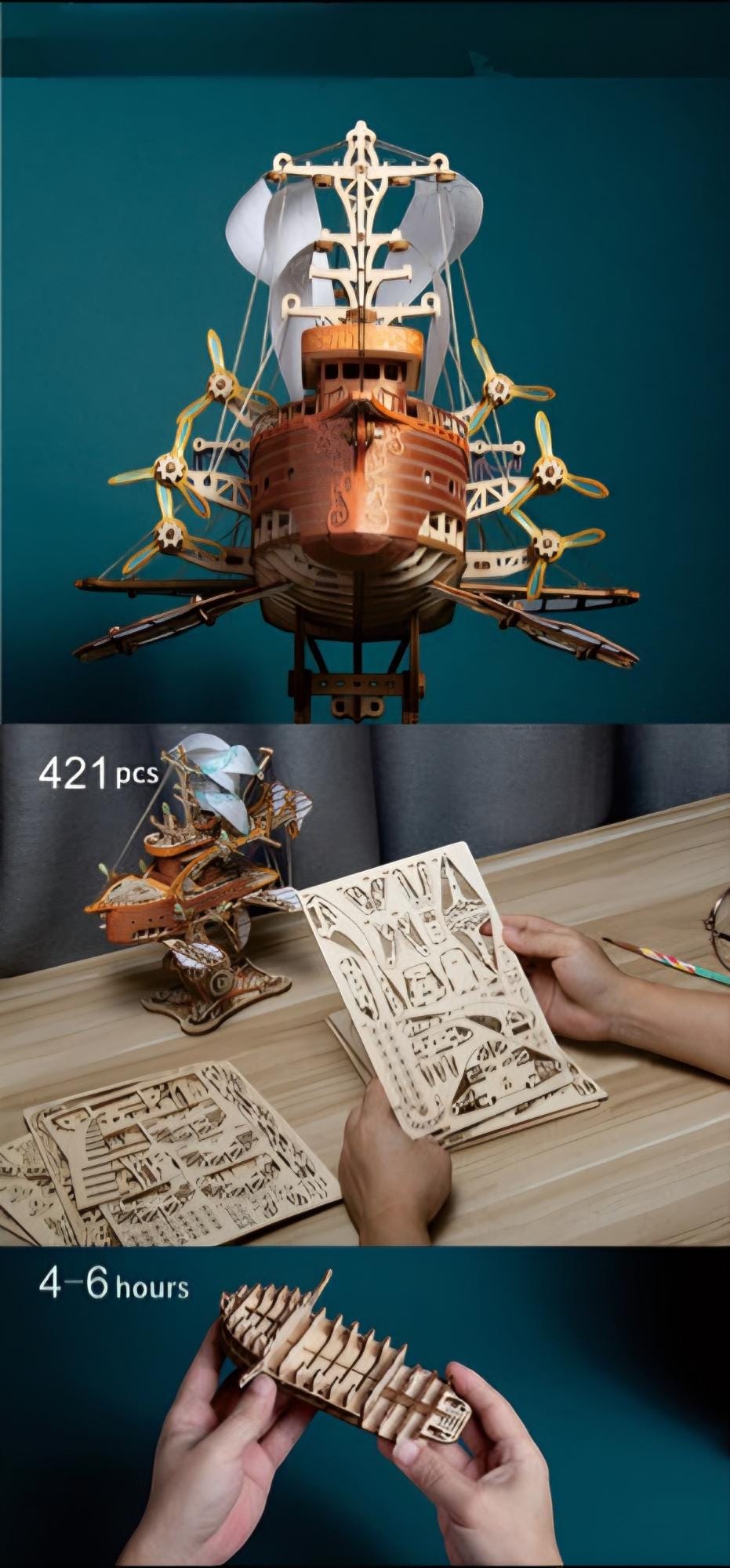 3D Wooden Airship Puzzle | Steampunk DIY Model Kit | 421 pcs | Unique Gift for Adults & Teens