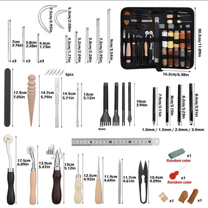 Leather craft sewing tool kit inventory chart with awls, hole punches, needles, threads and rulers.