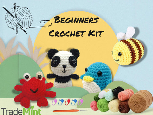 Diy crochet kit – beginner craft set for kids & adults | make a crab, panda, penguin, or bee