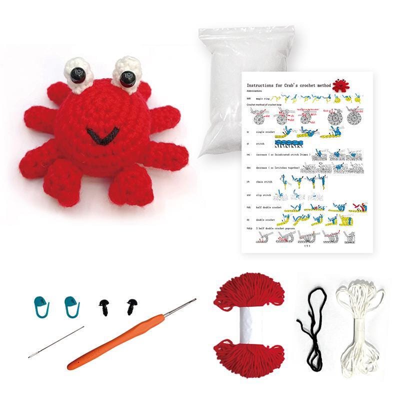 Diy crochet kit – beginner craft set for kids & adults | make a crab, panda, penguin, or bee