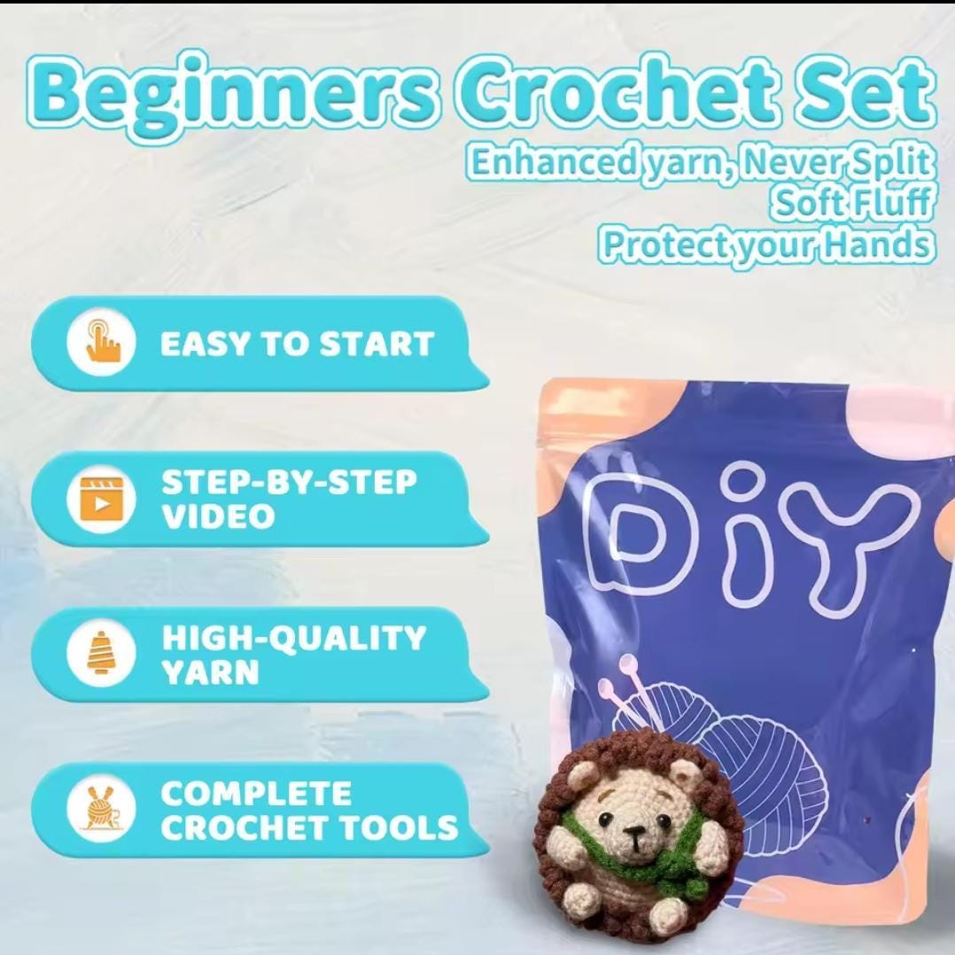 Beginner amigurumi crochet kit – diy hedgehog crochet set | handmade craft kit for beginners | adorable stuffed animal project