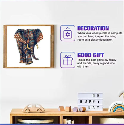 Framed elephant wooden jigsaw puzzle artwork displayed on shelf as a decorative gift idea.