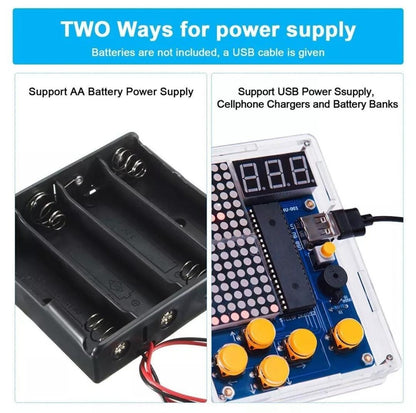 DIY electronic pixel game power options showing battery pack and USB cable connection.