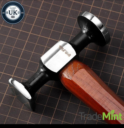 Double-head 15 oz leathercraft hammer with polished round and flat striking faces and brown wooden handle.