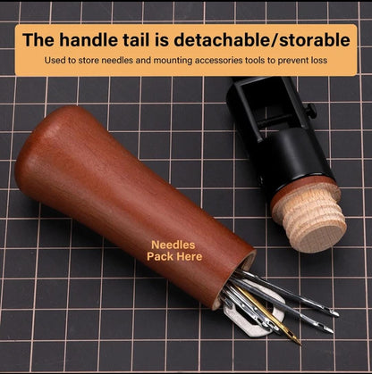 Wooden handle of leather stitching awl opened to show removable needles stored inside.