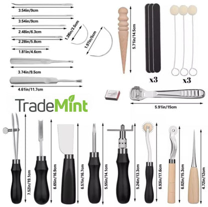 Leathercraft tool dimensions chart showing awls, edge skivers, stitching wheels, burnisher, files and needles.