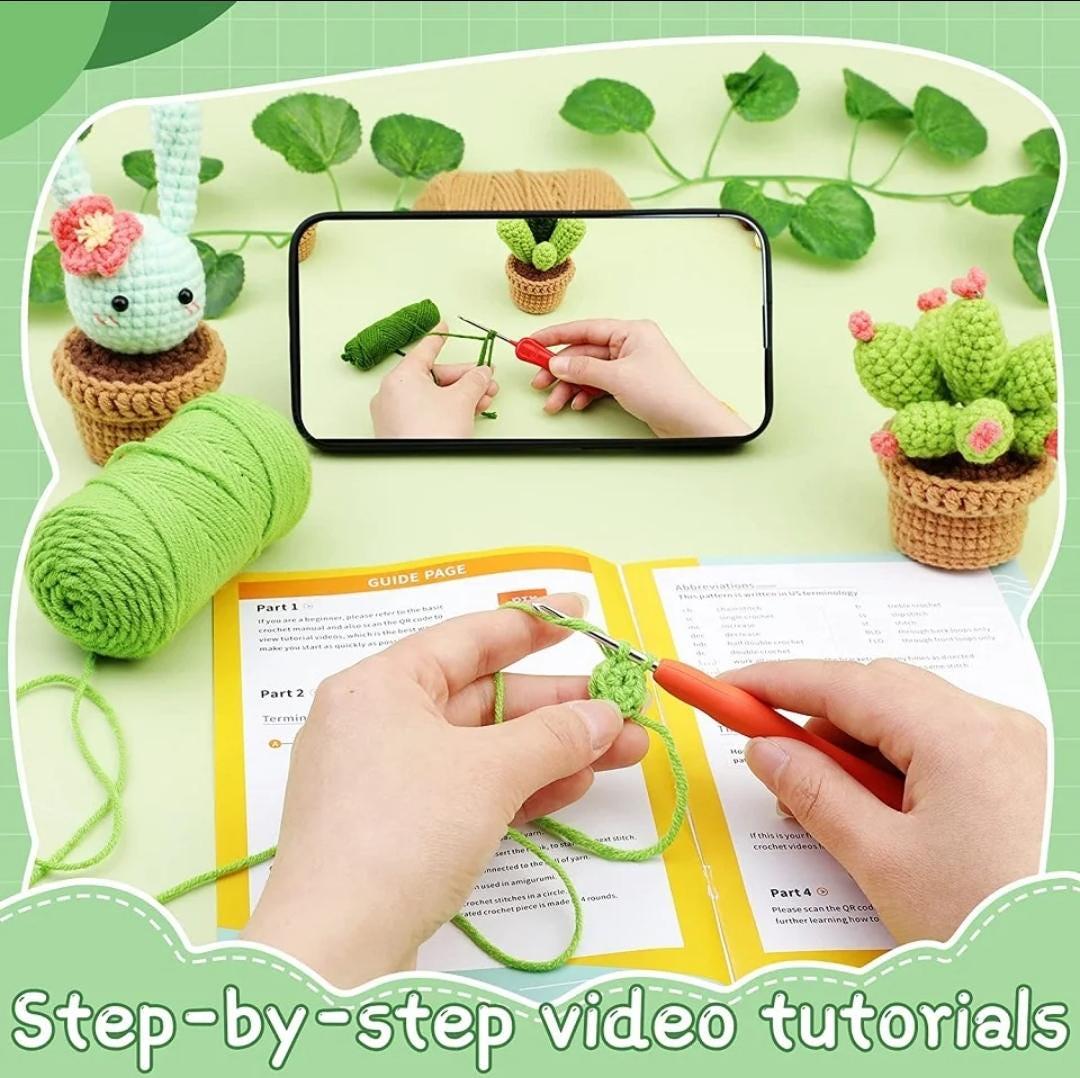 Cactus & amigurumi crochet kit | beginner diy craft set for adults | crochet starter gift