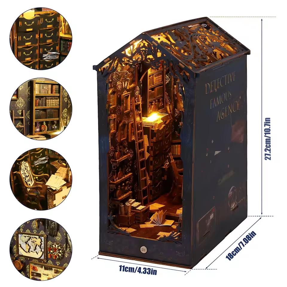 DIY Book Nook Kit - Miniature Wooden Bookend with LED Lights | Handmade Bookshelf Insert & Unique Gift