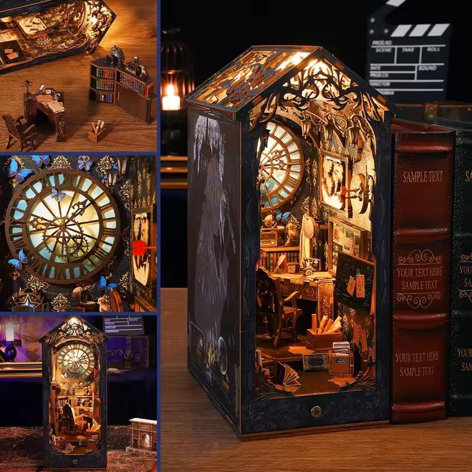 DIY Book Nook Kit - Miniature Wooden Bookend with LED Lights | Handmade Bookshelf Insert & Unique Gift