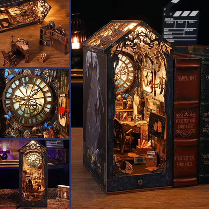 Illuminated detective agency book nook with vintage clock and shelves of miniature books next to old volumes.