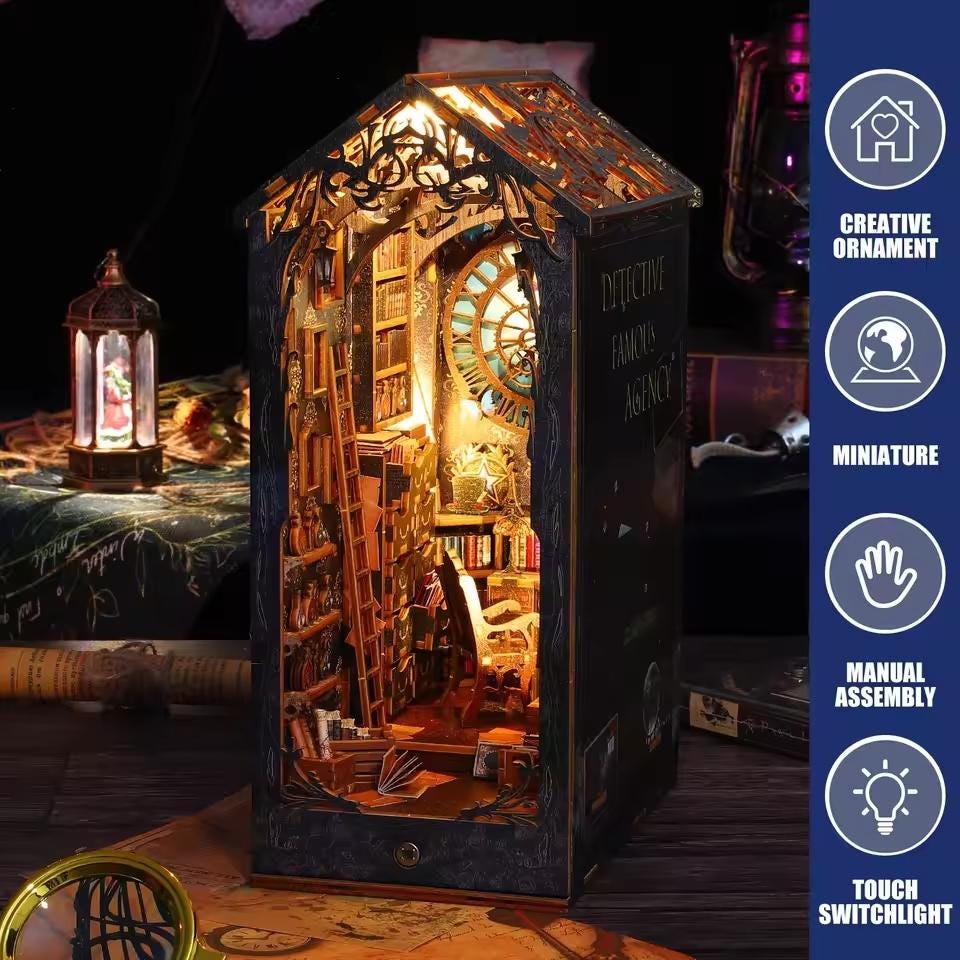 DIY Book Nook Kit - Miniature Wooden Bookend with LED Lights | Handmade Bookshelf Insert & Unique Gift