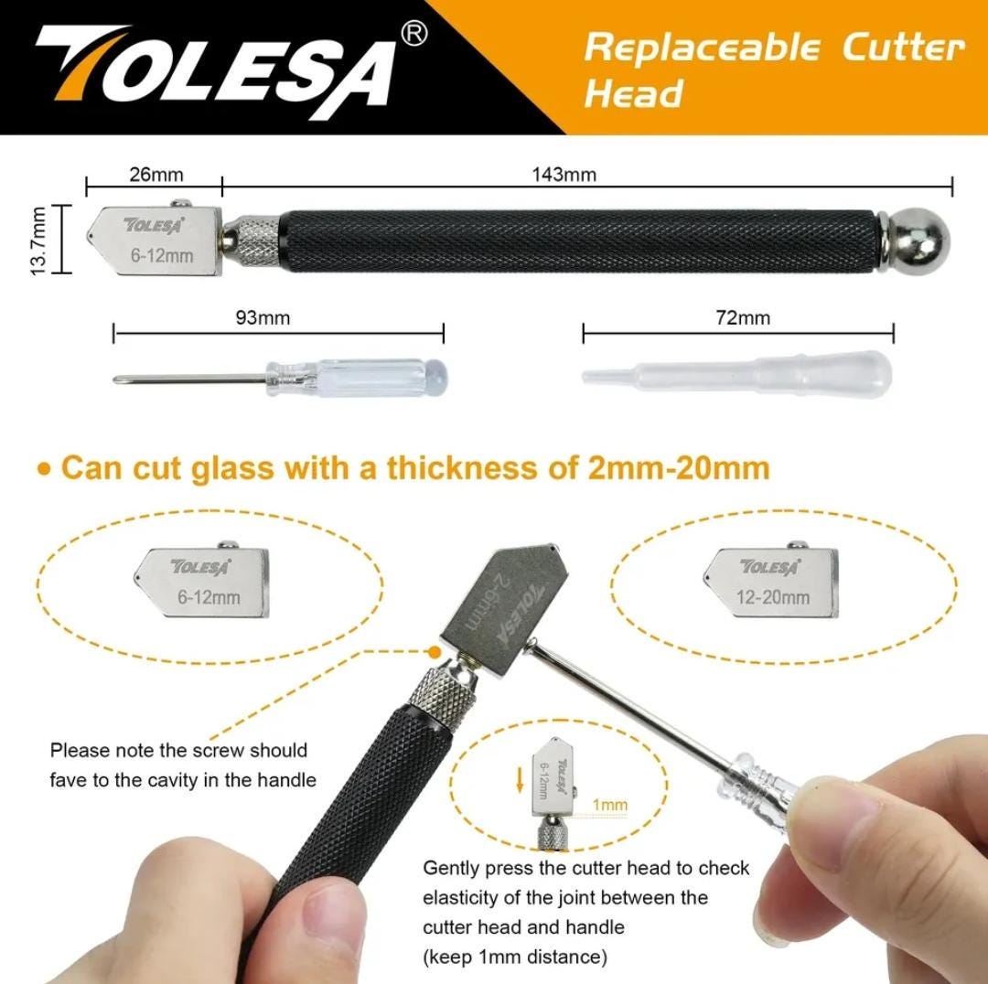 Glass cutter tool set | 2mm-20mm carbide tip with bonus blades, oil dropper & storage box