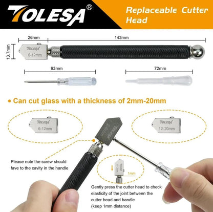 Carbide glass cutter dimensions and replaceable head guide with 2 to 12 mm and 12 to 20 mm cutting wheels.