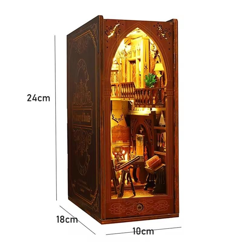 DIY Library Book Nook Kit – Miniature Wooden Bookshelf Insert with LED Lights | Unique Gift for Book Lovers & Home Decor