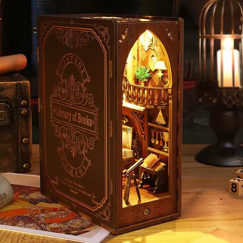 DIY Library Book Nook Kit – Miniature Wooden Bookshelf Insert with LED Lights | Unique Gift for Book Lovers & Home Decor