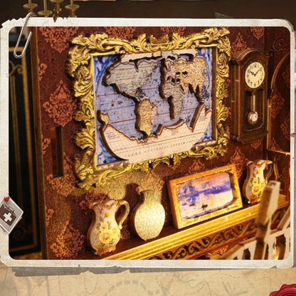 Library book nook interior close-up of ornate framed world map, clock and miniature shelf decorations.