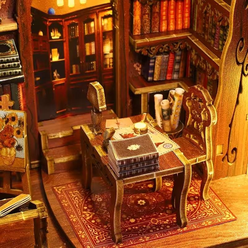 DIY Library Book Nook Kit – Miniature Wooden Bookshelf Insert with LED Lights | Unique Gift for Book Lovers & Home Decor