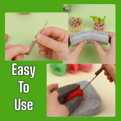 Needle felting tool tutorial showing needle threading, finger protection and wool being worked on a foam block.