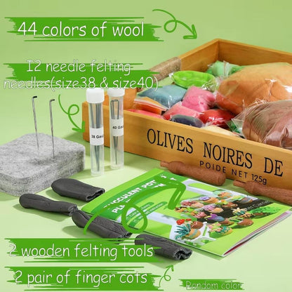 Needle felting kit supplies including coloured wool, felting needles, foam mat, finger protectors and booklet.