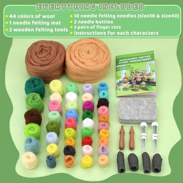 DIY Needle Felting Kit for Beginners Succulent Plants - 15 Potted Designs, 44 Colourful Wools, Complete Craft Kit with Tools & guide