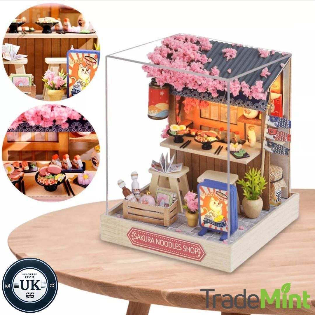 Sakura noodles shop miniature dollhouse diy kit | cosy corner diorama with light | perfect gift for craft lovers