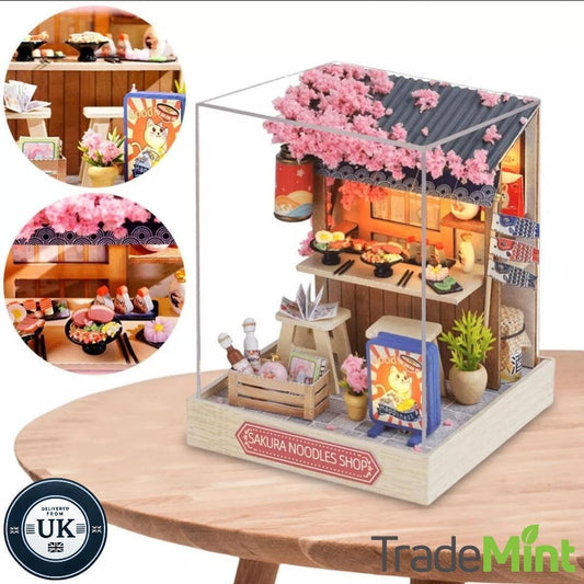 Sakura noodles shop miniature dollhouse diy kit | cosy corner diorama with light | perfect gift for craft lovers