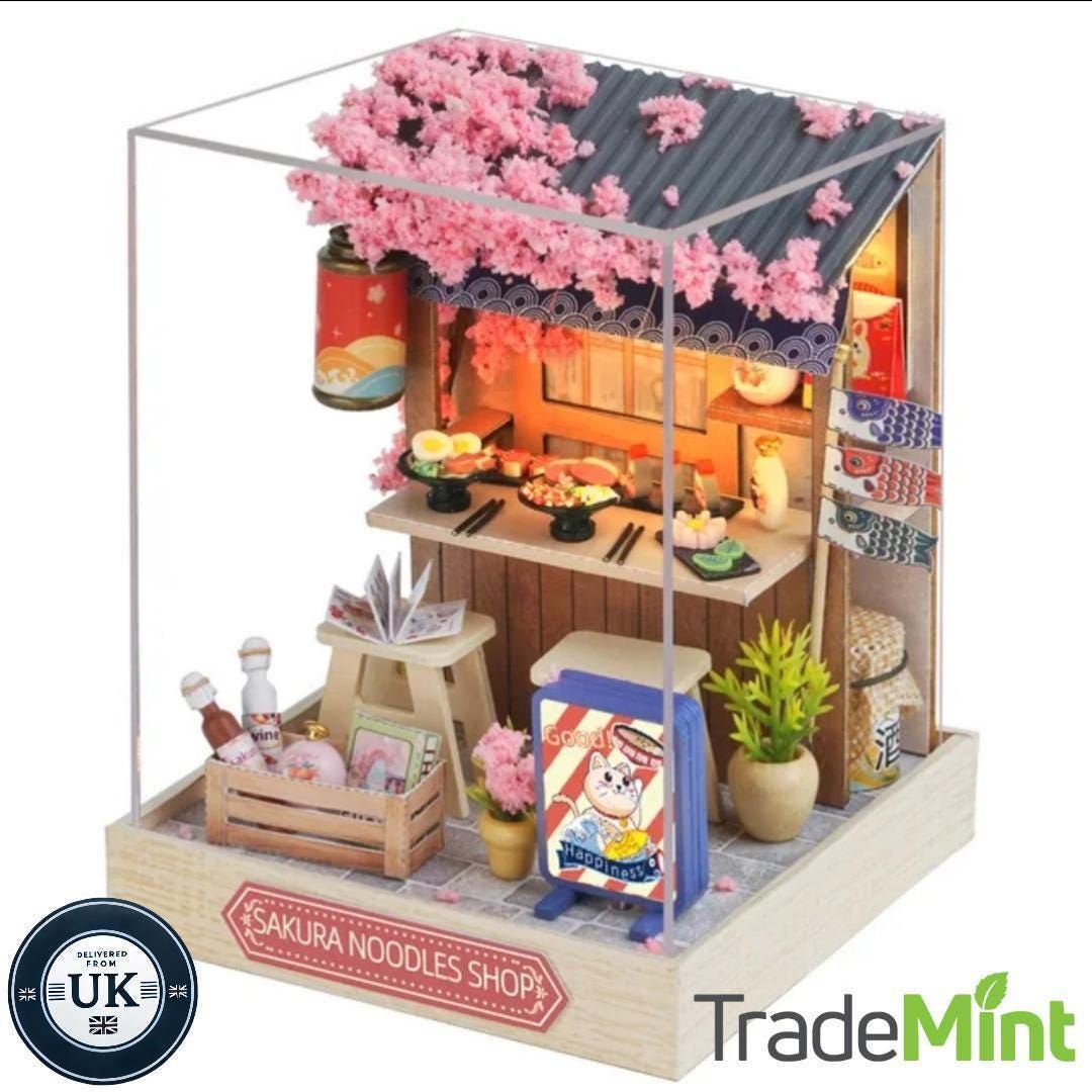 Sakura noodles shop miniature dollhouse diy kit | cosy corner diorama with light | perfect gift for craft lovers