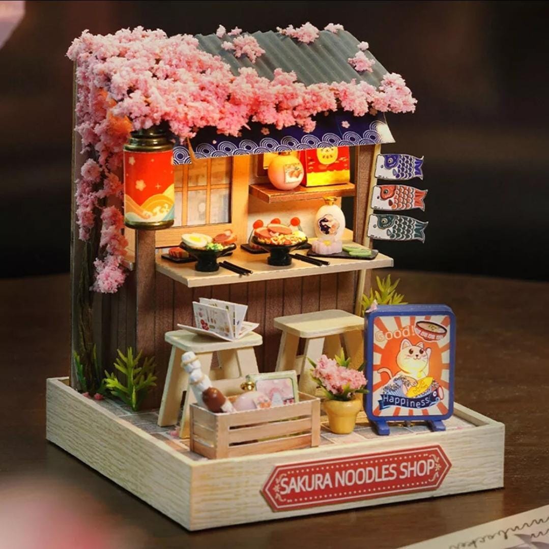 Sakura noodles shop miniature dollhouse diy kit | cosy corner diorama with light | perfect gift for craft lovers