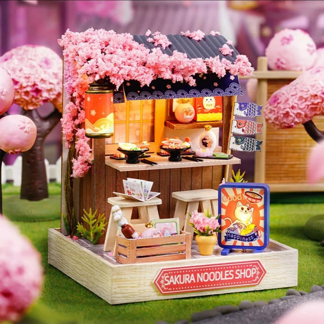 Sakura noodles shop miniature dollhouse diy kit | cosy corner diorama with light | perfect gift for craft lovers