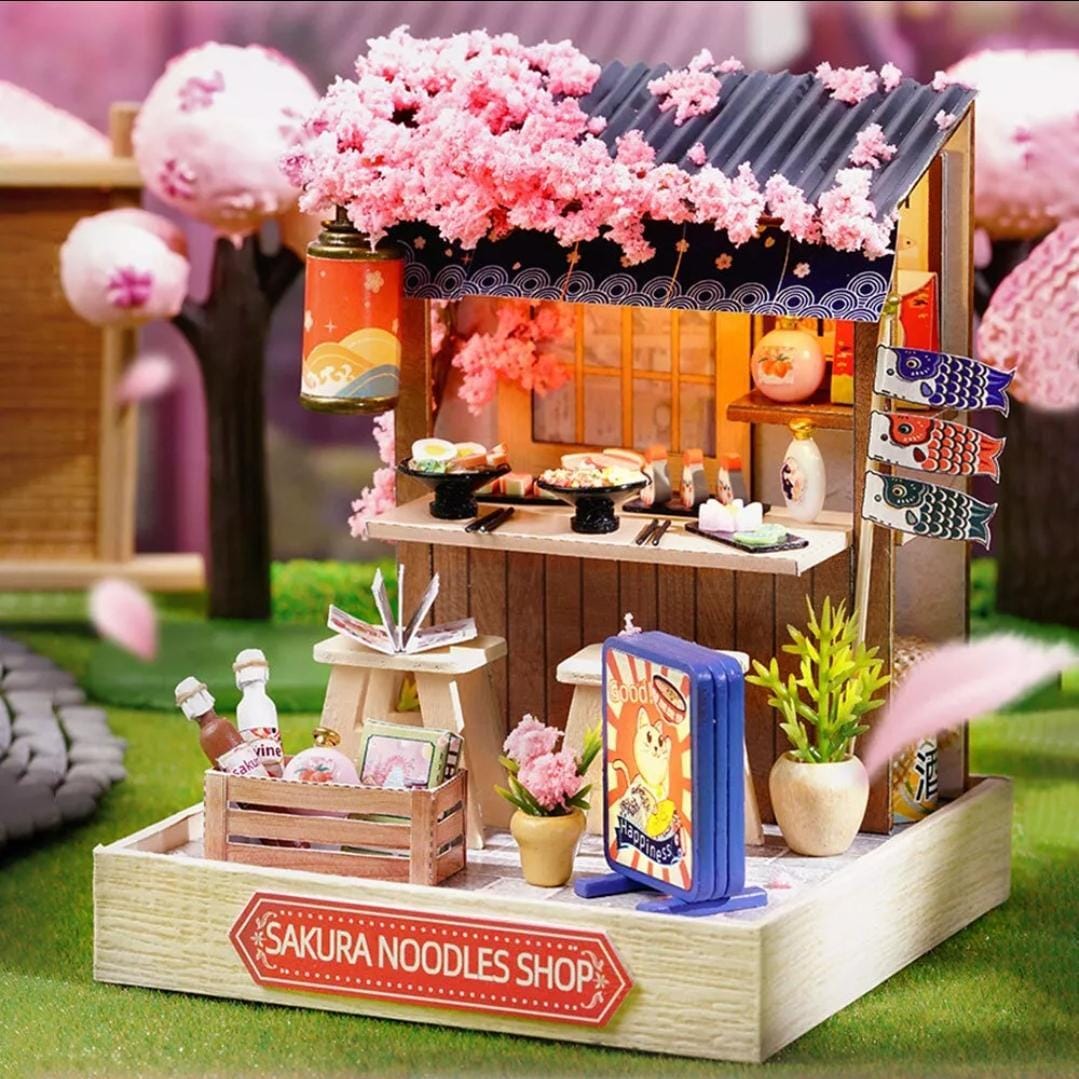 Sakura noodles shop miniature dollhouse diy kit | cosy corner diorama with light | perfect gift for craft lovers