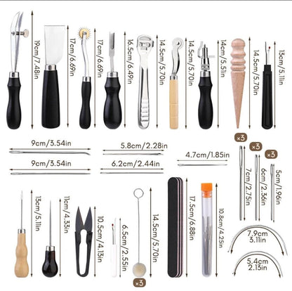 Leather sewing tool kit dimensions chart showing awls, pricking irons, needles and carving tools.
