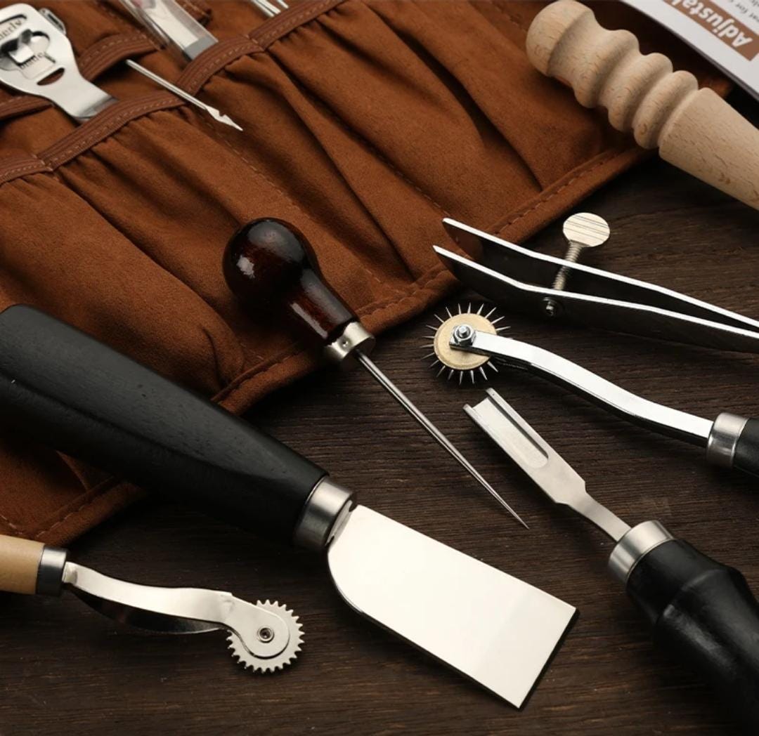 Professional leather craft tool kit – hand sewing repair set with wax thread, stitching punch, carving tools, and groover for diy projects