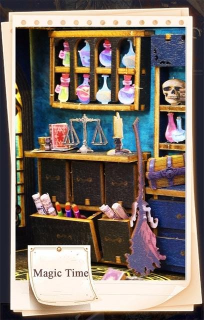 3D DIY Book Nook Kit - LED Wooden Miniature Puzzle Bookshelf Insert | Glowing Magic Market Dollhouse Decor for Creative Gift & Home Office