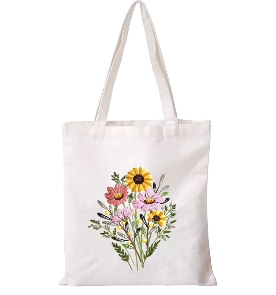 Canvas tote embroidery kit – diy floral embroidery for beginners | eco-friendly craft gift