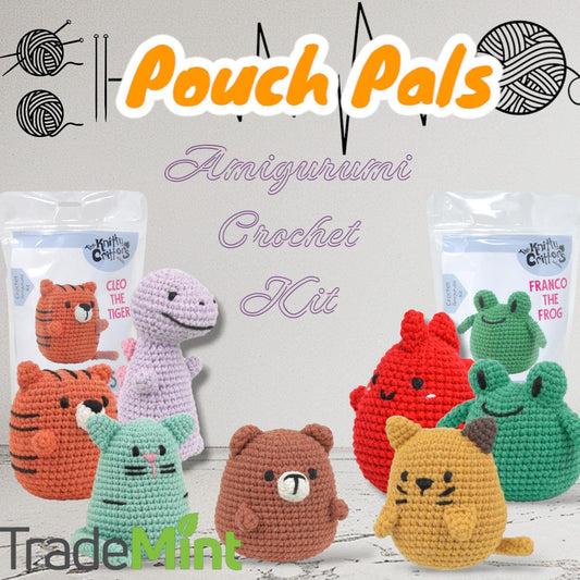 Beginner amigurumi crochet kit | diy yarn set for bear, cat, dinosaur, and frog pouch pals | handmade craft for all skill levels