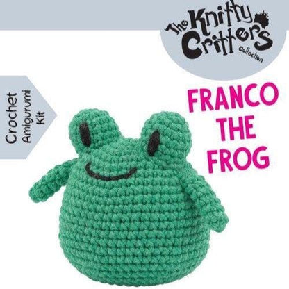 Franco the Frog amigurumi kit design showing a round green crocheted frog with raised eyes and smiling mouth.