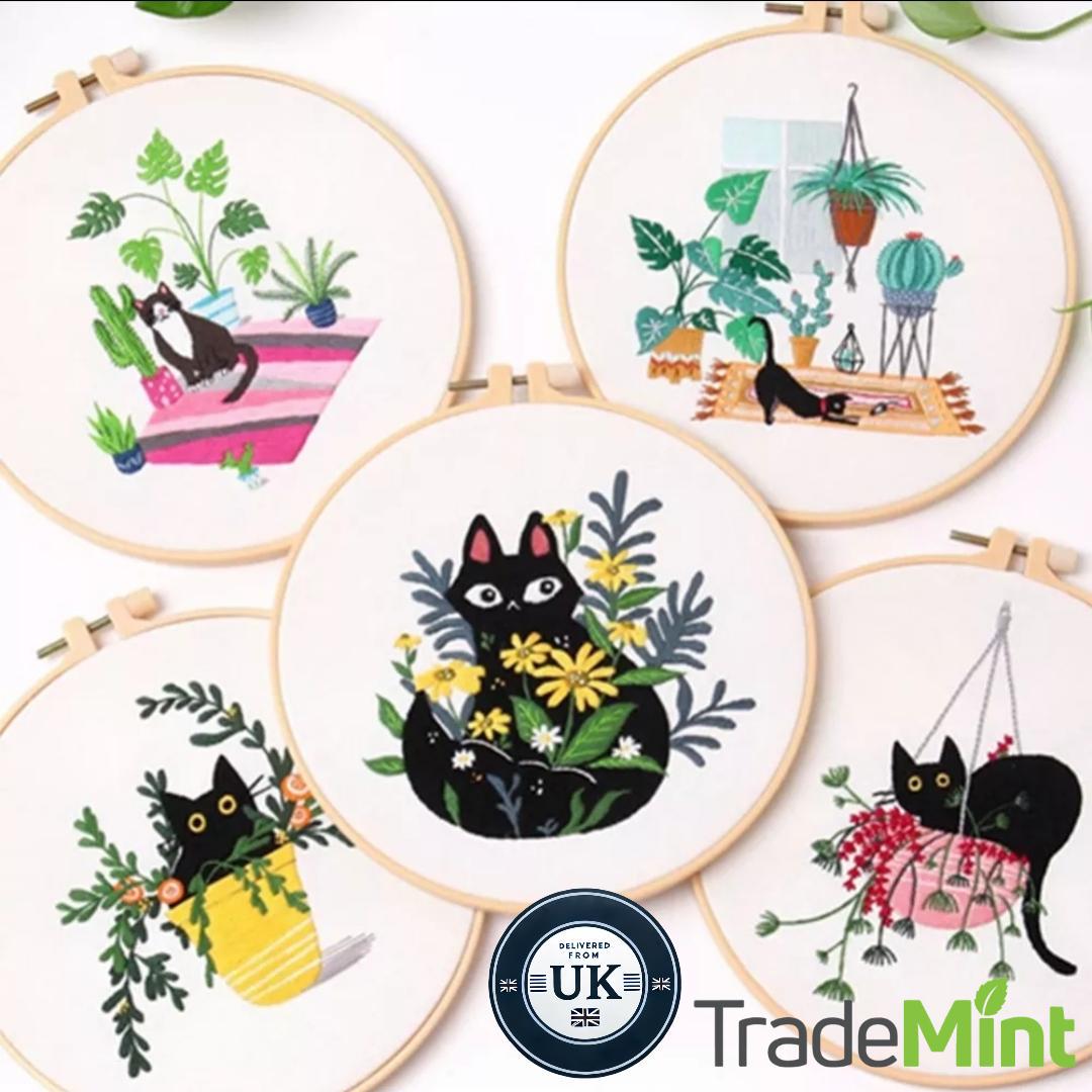 Embroidery starter kit for beginners | black cats and kittens diy cross stitch set