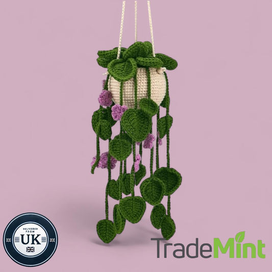 Crochet hanging vine plant kit with purple flowers | beginner-friendly diy craft set