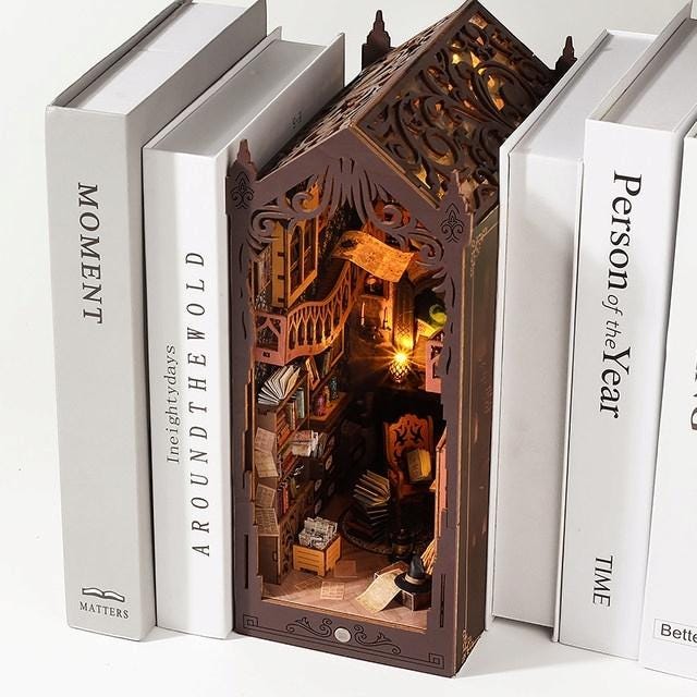 DIY Book Nook Kit - Magic Library Miniature Bookshelf Insert with LED Light | Wooden 3D Puzzle Bookend Decor for Gifts & Home