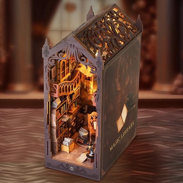 DIY Book Nook Kit - Magic Library Miniature Bookshelf Insert with LED Light | Wooden 3D Puzzle Bookend Decor for Gifts & Home